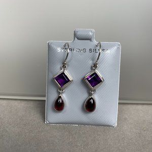 NWOT Silver Garnet Amethyst Dangling Earrings